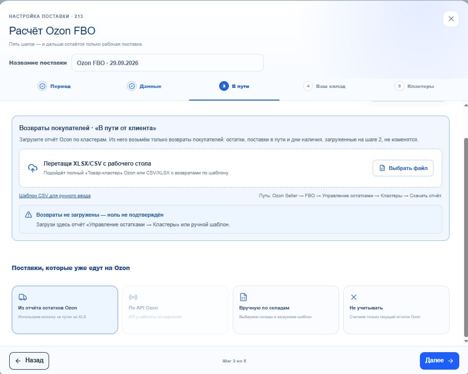 Возвраты покупателей и товар, который уже направляется на Ozon, учитываются отдельно.